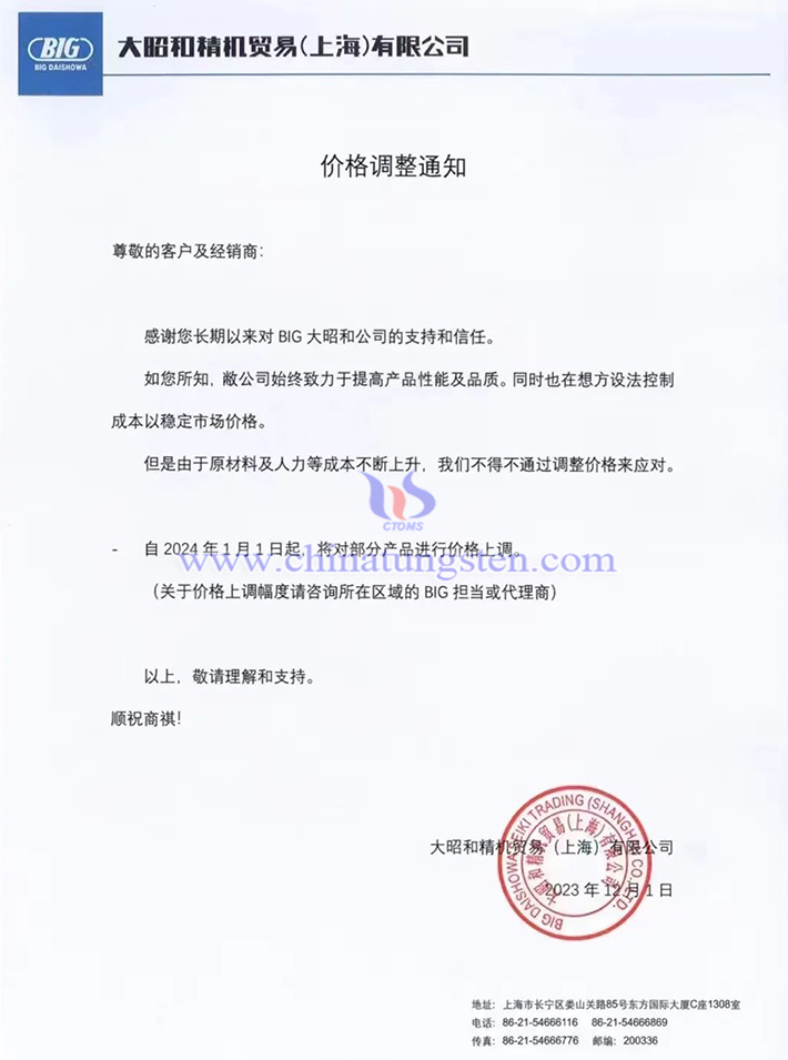 大昭和精機貿(mào)易（上海）有限公司價格調(diào)整通知
