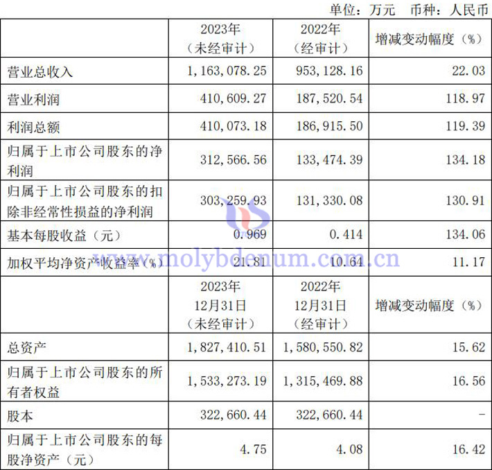 金鉬股份2023年業績報告圖片