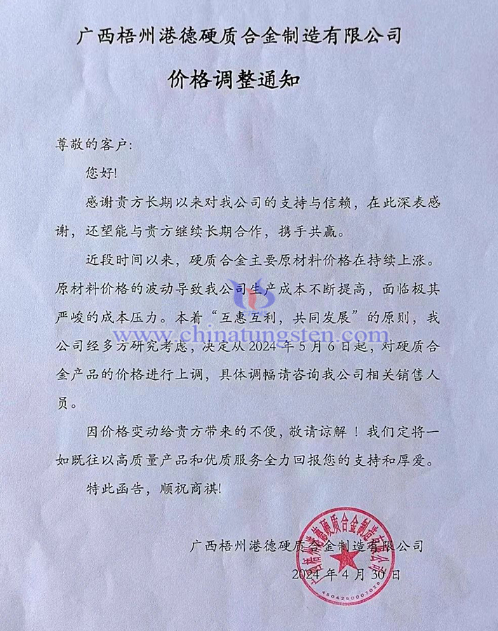 廣西梧州港德硬質合金製造有限公司漲價函