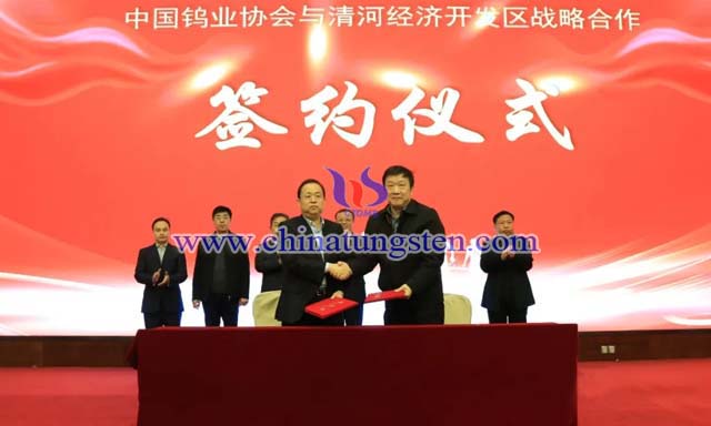 河北清河經濟開發區管委會主任劉國林(左)與中國鎢業協會監事長謝屹峰(右)簽約